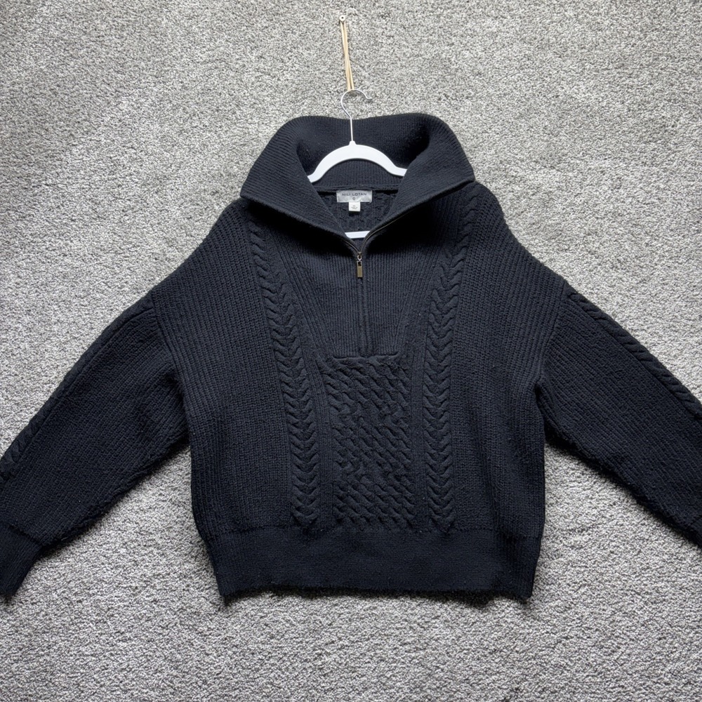 Nili Lotan Cable‎ Knit Sweater Womens XL Black Fisherman Wool 1/4 Zip Pullover